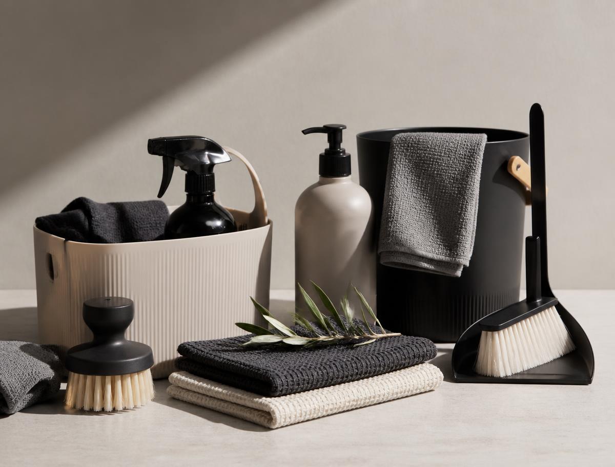 Professionele schoonmaakmaterialen in zwart, beige en grijs
